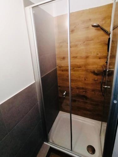 a shower with a glass door in a bathroom at CREO Hotel Dessau in Dessau