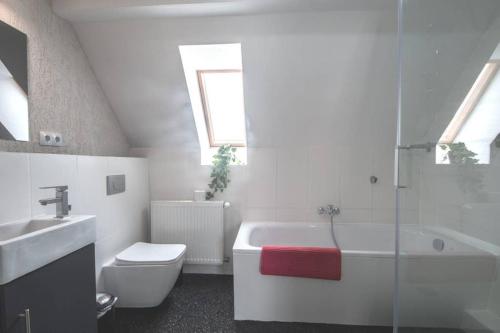 HohenwarslebenにあるApartment Haus 8 Hohenwarslebenのバスルーム(洗面台、トイレ、バスタブ付)