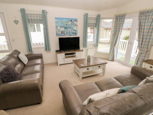 a living room with a couch and a tv at Cwtch Lodge 42 in Narberth