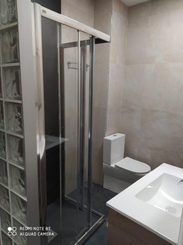e bagno con doccia, servizi igienici e lavandino. di Apartamento Sofía a Murcia