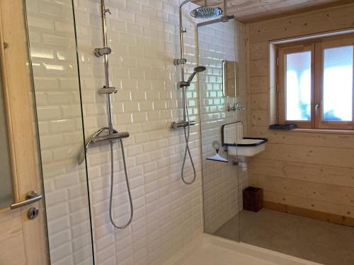 a bathroom with a shower with a toilet and a sink at Ferme des Moines in Pontarlier