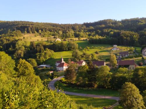 una vista aerea di un piccolo villaggio sulle colline di La mansarde aux digitales a La Croix-aux-Mines