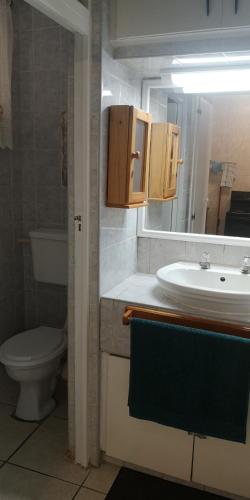 a bathroom with a sink and a toilet and a mirror at 106 Umdloti Resort in Umdloti
