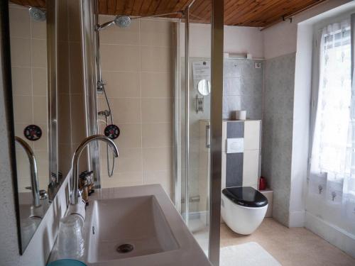 a bathroom with a shower and a sink and a toilet at Hotel Beau Rivage in Pont-en-Royans