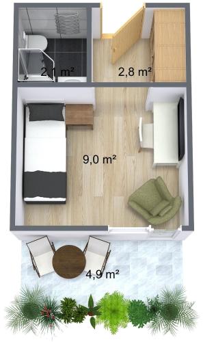 a floor plan of a small apartment with a bedroom at Pension Posthansl in Heiterwang
