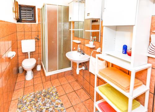 een badkamer met een toilet, een wastafel en een douche bij Apartment Tia in Lun