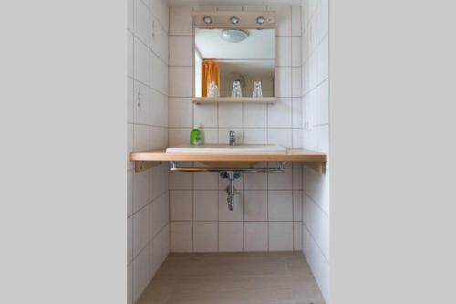 ein Bad mit einem Waschbecken und einem Spiegel in der Unterkunft Ferienhaus Silke - östlich der Dorfstraße in Grieben Insel Hiddensee in Grieben