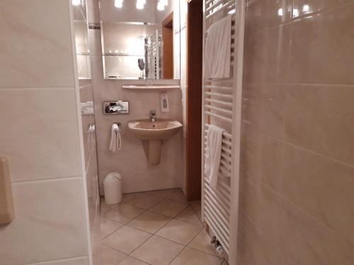 a small bathroom with a sink and a mirror at Bengel's Hotel zur Krone in Mülheim-Kärlich