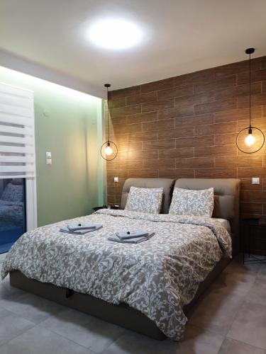 una camera da letto con un grande letto con due cuscini di Central Home a Tríkala