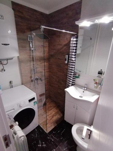 a bathroom with a shower and a toilet and a sink at Ana Apartment in Novi Sad