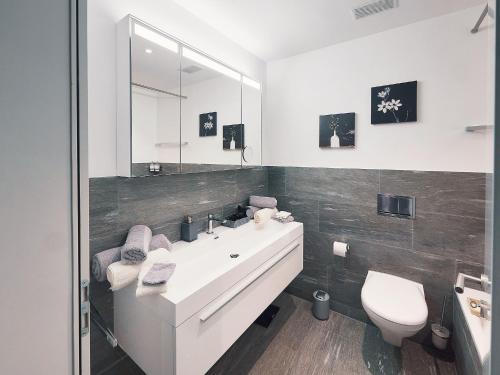 bagno con lavandino bianco e servizi igienici di Luxus Neubau 5 min zu Talstation & Caumasee a Flims