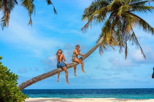 two girls are sitting on a palm tree on the beach at Sabba Beach Suite , Fodhdhoo - Maldives in Velidhoo