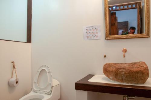 a bathroom with a toilet and a mirror at Nacuma Garden Hostel - Casa Nacuma in Barichara