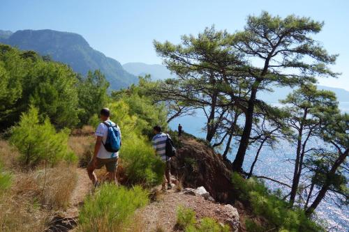 two people walking on a hill near the water at Mandarin & Mango Boutique Hotel in Faralya