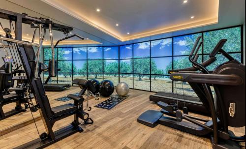 a gym with several tread machines and a large window at Best Western Plus Le Lavarin in Avignon