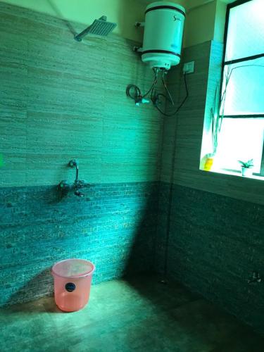 a bathroom with a bucket in the corner with a sink at Tenam Garden homestay in Kalimpong
