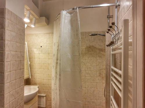 e bagno con doccia, servizi igienici e lavandino. di Mirum Apuliae 16 ad Alberobello