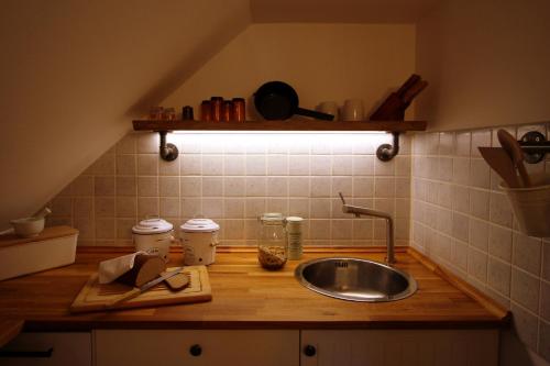 a kitchen counter with a sink and a shelf at Ferienwohnung Spatzennest in Frankenberg