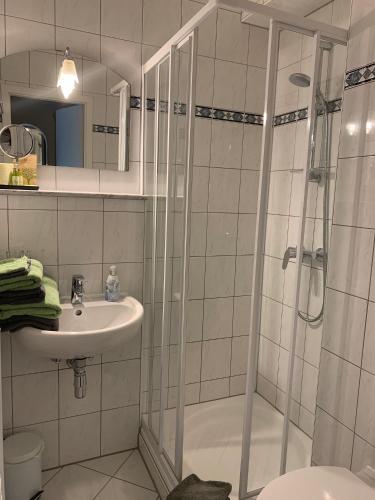 a bathroom with a shower and a sink at Gästehaus Kirschgarten in Bodenheim