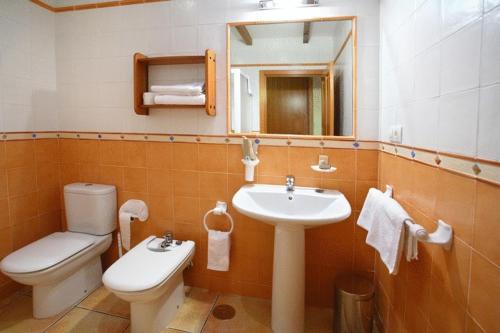 a bathroom with a sink and a toilet and a mirror at Hotel Rústico Casa Franco in Adelán