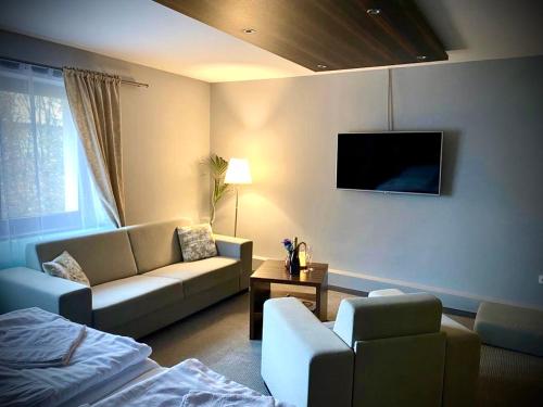 a living room with a couch and a tv at Hotel & Restaurant Pod Kaštany in Krupka - Marsov