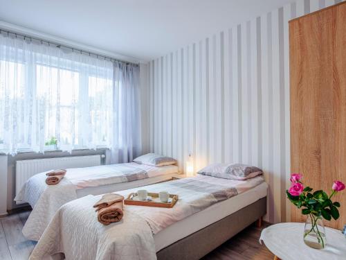 a bedroom with two beds and a window at Willa Lawenda in Ciechocinek