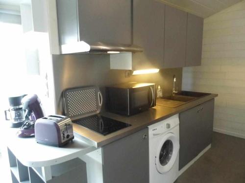 a kitchen with a counter with a microwave and a washer at Joli petit T2 calme au bord de leau in Vieille-Brioude