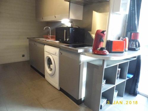 a kitchen with a sink and a washing machine at Joli petit T4 confortable au bord de leau in Vieille-Brioude