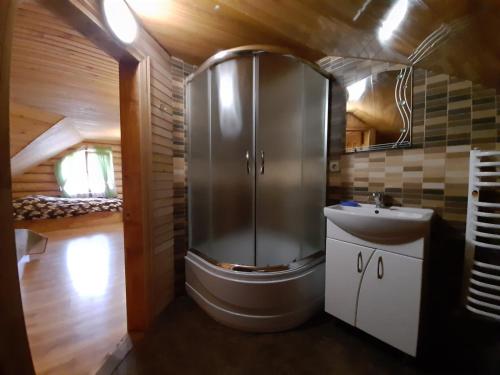 a bathroom with a shower and a sink at Прутець in Mykulychyn