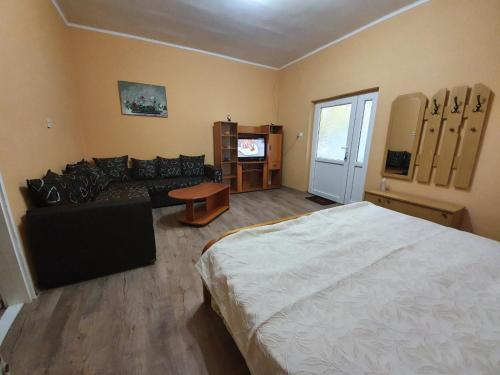um quarto com uma cama, um sofá e uma televisão em Tisin cvet-Tiszavirág Ada em Ada