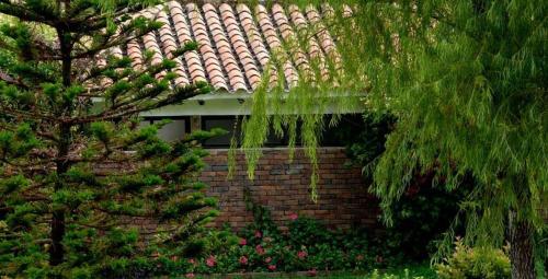 a house with a brick wall and a tree at Hotel Termales El Batan in Cuítiva