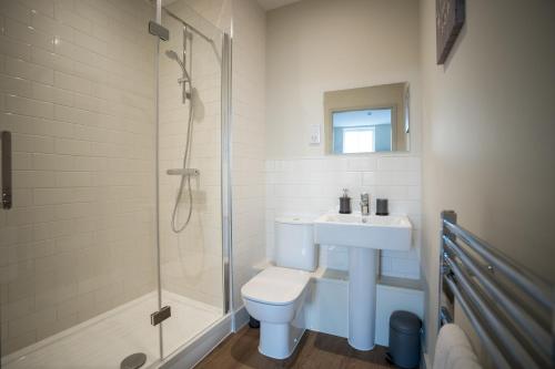 a bathroom with a toilet and a sink and a shower at Apartment 7, Isabella House, Aparthotel, By RentMyHouse in Hereford