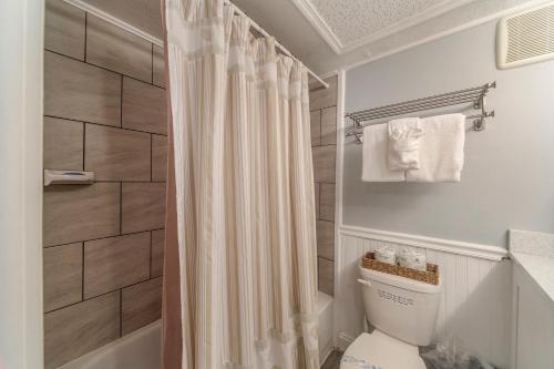 uma casa de banho com uma cortina de chuveiro e um WC em #165A Madeira Beach Yacht Club em St. Pete Beach