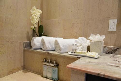 a bathroom with towels on a counter and a sink at Princess Heights Luxury Condo Hotel in Dawn Beach
