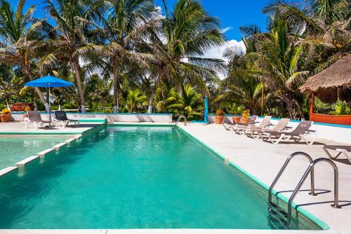 a swimming pool with chairs and palm trees at Caleta Tankah in Tulum