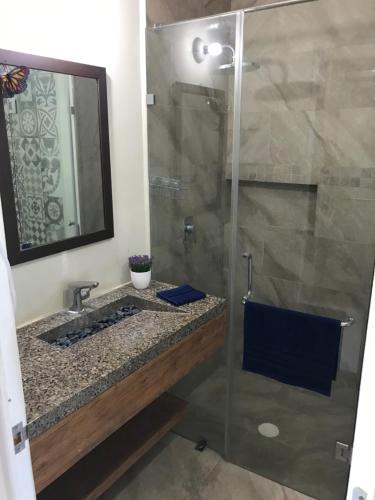 a bathroom with a shower with a sink and a mirror at Departamento con espectacular vista a la montaña. in Puerto Vallarta