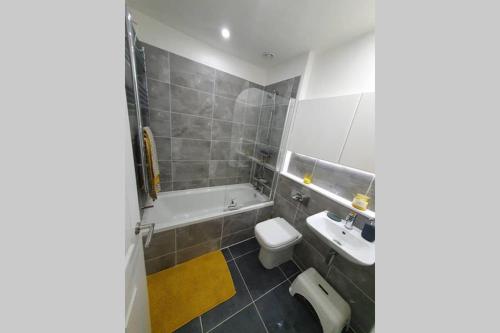 a bathroom with a toilet and a sink and a tub at Entire Apartment! 2 double beds, sleeps upto 4 in Oldbury