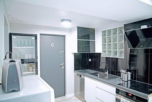 a kitchen with a sink, a refrigerator, and a dishwasher at KOMFORT WILLA in Blizne Łaszczyńskiego