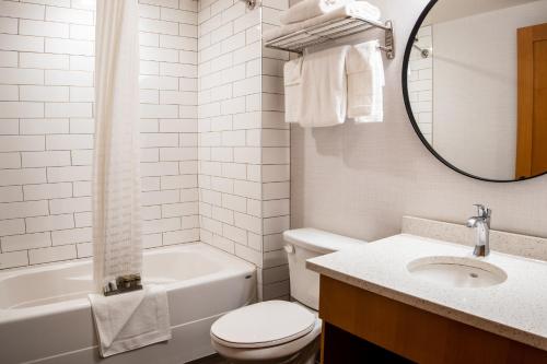 een badkamer met een toilet, een wastafel en een spiegel bij Pyramid Lake Lodge in Jasper