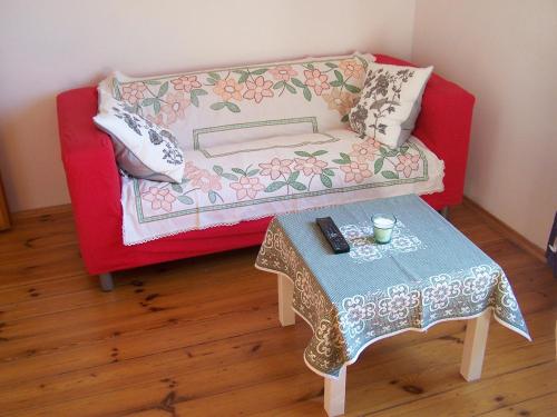 Bright Side Apartment Koszutka في كاتوفيسي: أريكة حمراء مع طاولة في غرفة المعيشة