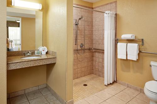 La salle de bains est pourvue d'une douche, de toilettes et d'un lavabo. dans l'établissement Comfort Inn Encinitas Near Legoland, à Encinitas