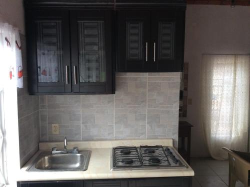 a kitchen with a sink and a stove and cabinets at Bungalow for rest at Santa Cruz in Tepic
