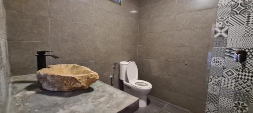 a bathroom with a toilet and a rock on a counter at Rumah Bendang Langkawi Villa Pool in Pantai Cenang