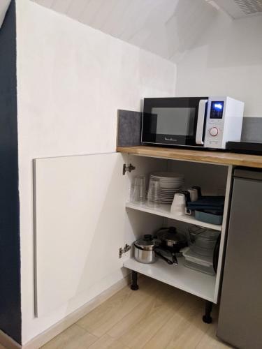 a microwave oven sitting on top of a shelf at Numéro 7 in Le Tronquay