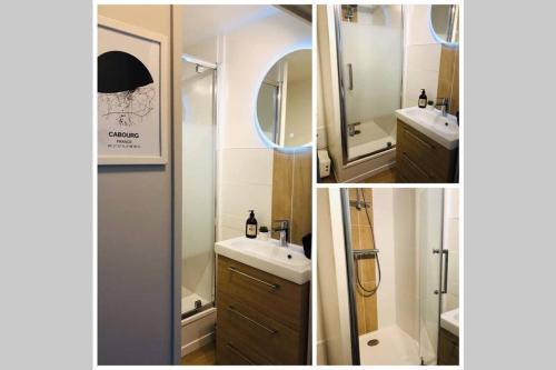 Trois photos d'une salle de bains avec lavabo et miroir dans l'établissement La petite madeleine de Proust, à Cabourg