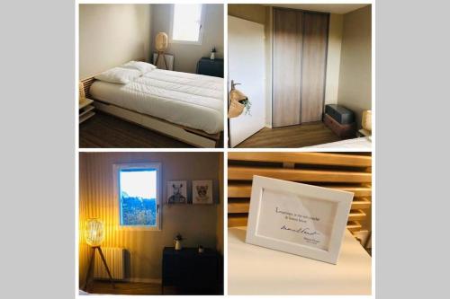 un collage de quatre photos d'une chambre avec un lit dans l'établissement La petite madeleine de Proust, à Cabourg