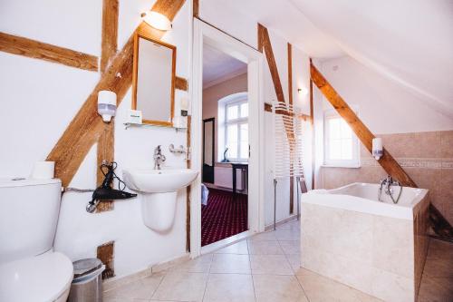 a bathroom with a sink and a toilet and a tub at Pałac Spichrz in Borcz