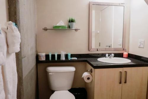 a bathroom with a toilet and a sink and a mirror at Residence & Conference Centre - Calgary in Calgary