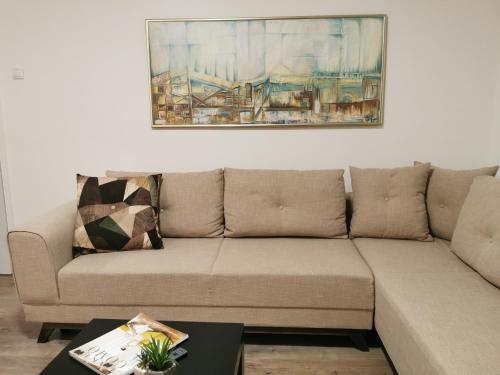 a couch in a living room with a painting on the wall at Apartman Centar in Aleksandrovac