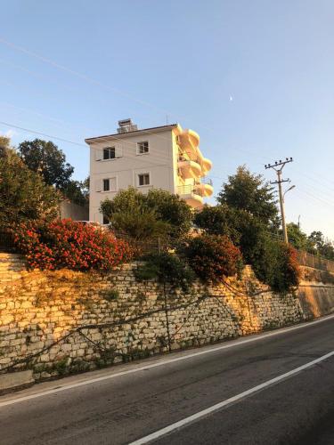 a building on the side of a wall next to a road at Apartments Vila Emiliano in Borsh